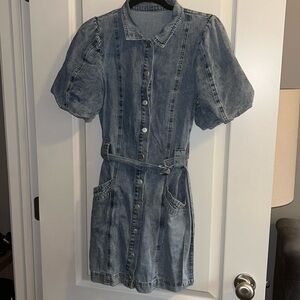 Denim puff sleeve button-down mini dress